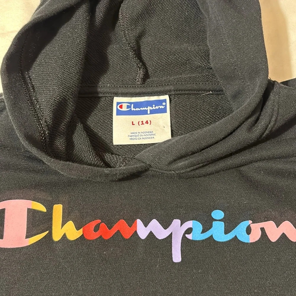Champion Youth Girl's Long Sleeve French Terry Rainbow Script Hoodie - Picture 5 of 9